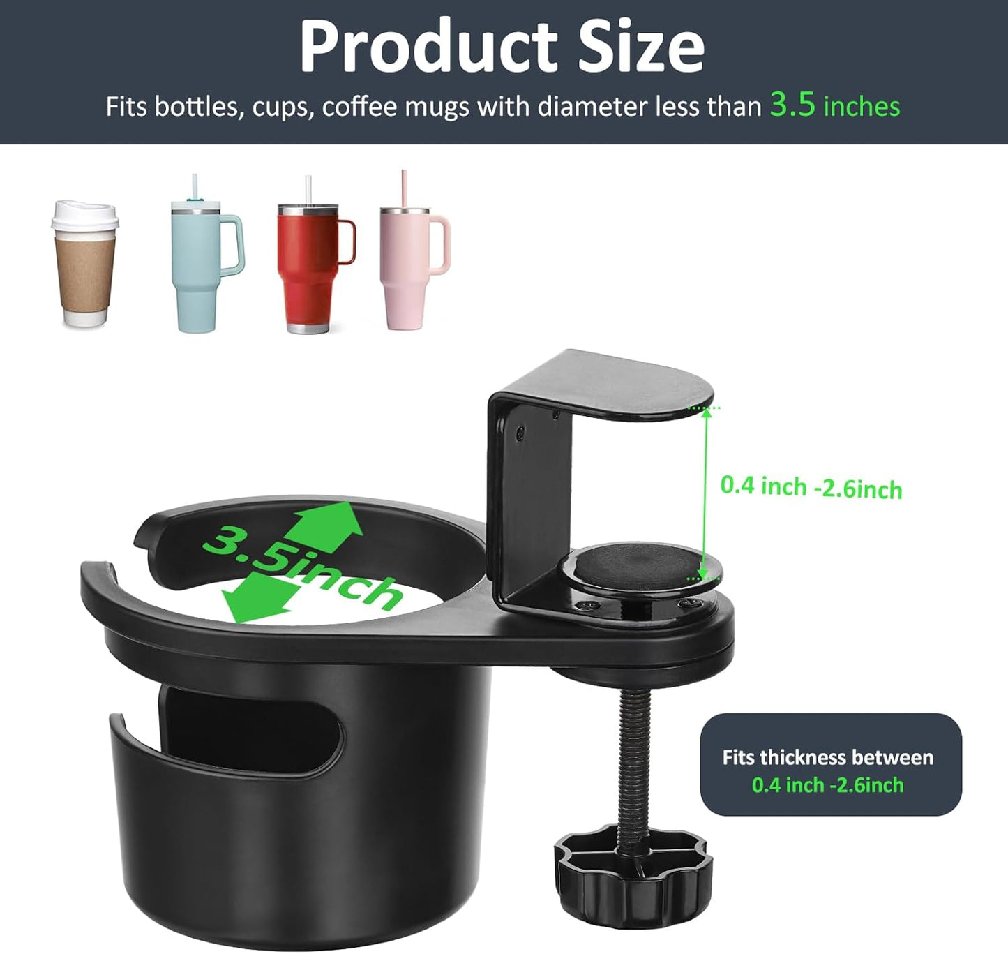 MYITYARD Desk Cup Holder Clamp, Anti-Spill Clip On Table Cup Holder, Rotatable Water Bottle Stand Drink Coffee Mug Storage, Office Accessories for Home and School (Black)