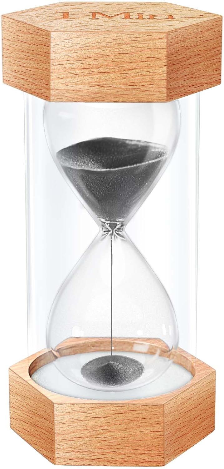 Sand Timer 1 Minute Hourglass, Natural Wood Grain Hexagonal Hour Glass Blaçk Sand Clock 1 Minutes, Reloj De Arena, Wooden Sandglass Sand Watch 1 Min for Rustic Decor, Office, Game, Classroom