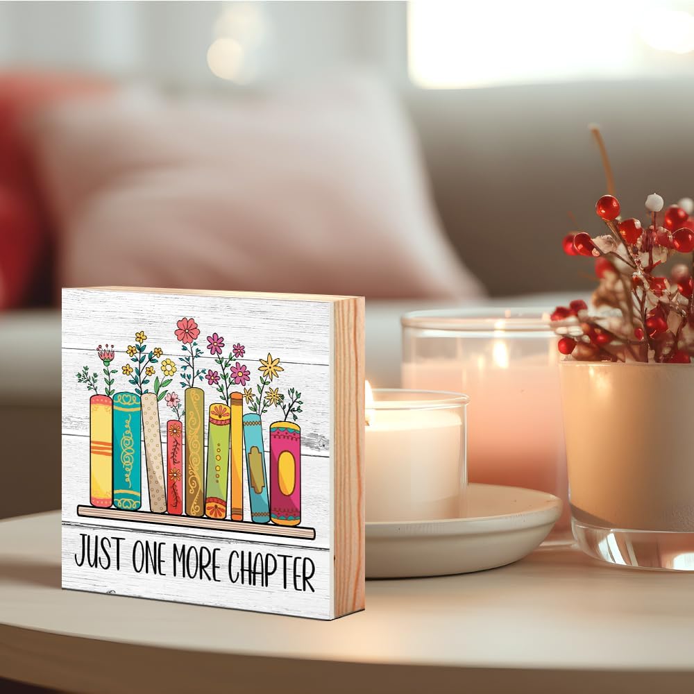 Just One More Chapter Bookish Wooden Box Sign, Bookish Desk Decor for Home Office Bathroom Library Shelf Bookshelf Wall, Book Lover Gifts for Readers Friends Sister, Reading Nook Sign