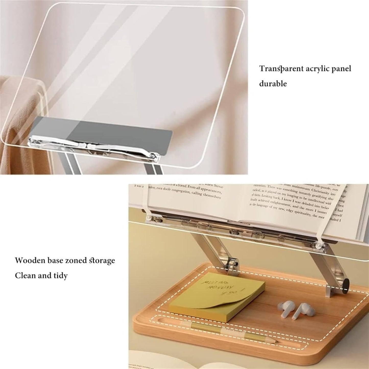 Book Stand for Reading Hands Free, Clear Cookbook Holder Stand, Book Holder for Bed, Laptop Stand Adjustable Height, for Books Laptop Textbook Recipe Document (Natural) (Natural)