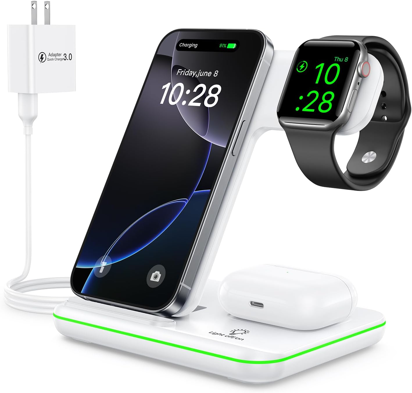 WAITIEE Wireless Charger 3 in 1, 15W Fast Charging Station for Apple Watch 10/9/8/Ultra 2/Ultra/SE/7/6/5/4/3/2, for AirPods 4/3/2/Pro for iPhone 16/15/14/13 /Plus/Pro/Pro Max/12/11(White)