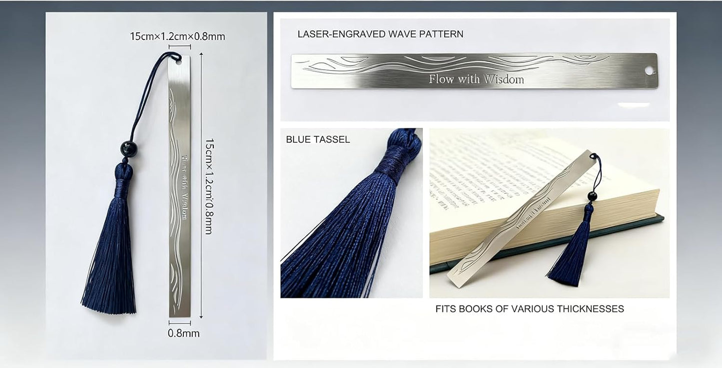 Stainless Steel Bookmark for Men - Flow with Wisdom Gift for Dad Husband and Book Lovers | Laser Engraved Metal Page Holder with Blue Tassel 5.9 Inches
