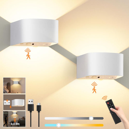 Motion Sensor Wall Light with Remote Control, 3-Color Temperature Adjustable, 5000mAh Battery Wall Lamp, Stepless Dimming, Type-C Charging, 2 Installation Methods for Home & Outdoor Use