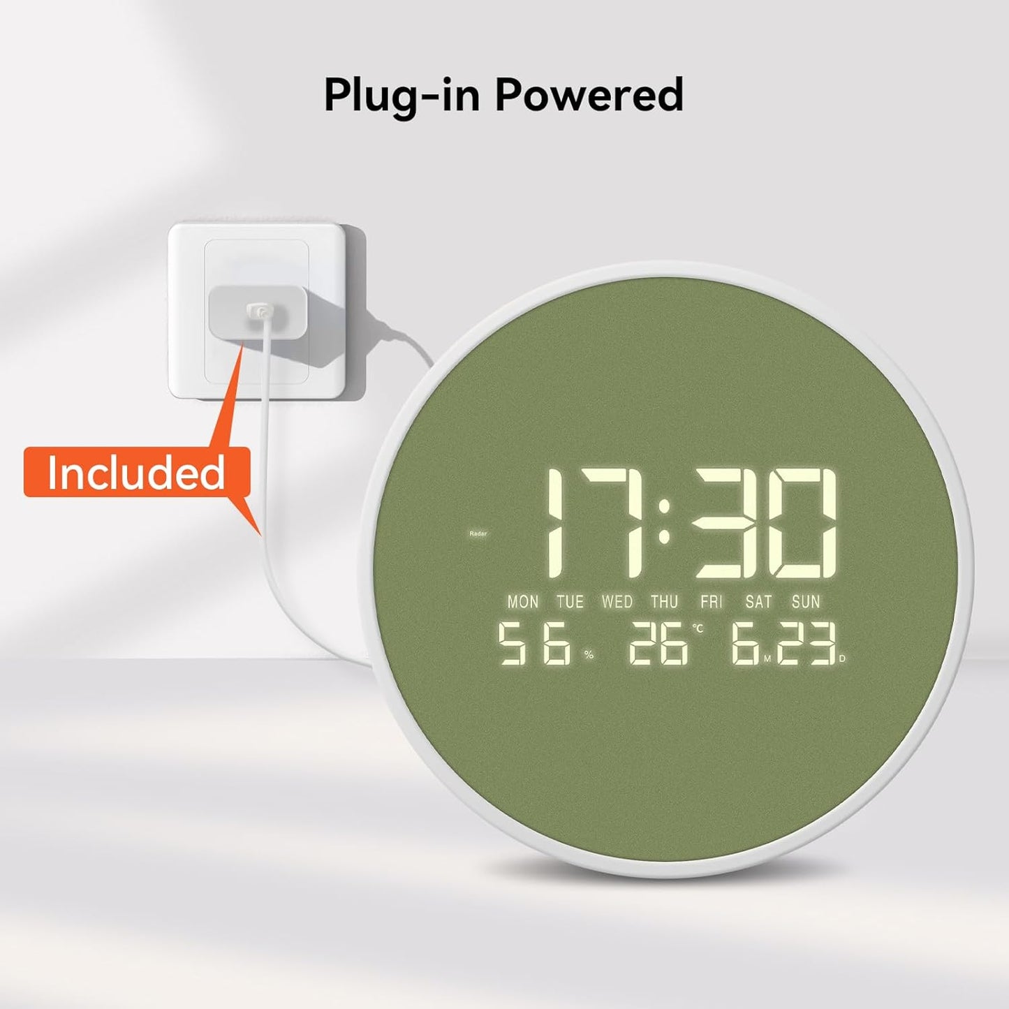 LED Digital Wall Clock with Temperature Humidity Display Auto Light Sensor 12/24H Format Large Number Calendar Modern Decorative 12-Inch Round Clocks for Living Room Bedroom Office Kitchen