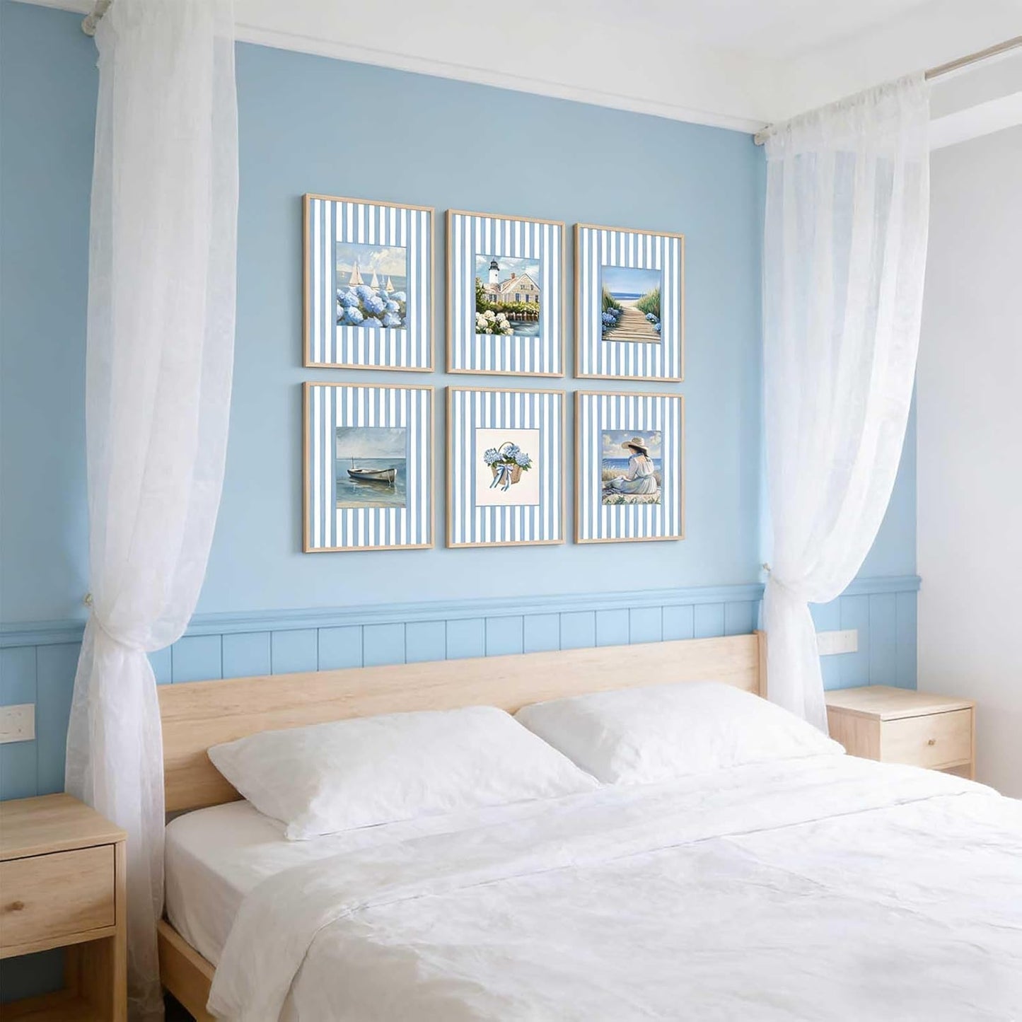 6Pcs Coastal Granddaughter Wall Art Prints Blue Stripe Hydrangea Beachy Wall Decor Pictures Summer Beach House Preppy Aesthetic Posters for Girly Bedroom Dorm Apartment Home Decoration (blue, 10"L x 8"W, Unframed)