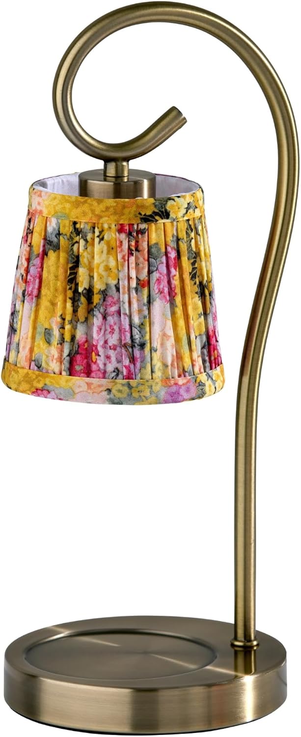 Adesso Candle Warmer Lamp – Flameless Candle Melter with Adjustable Timer & Dimmable Light, Bulb Included, Antique Brass Base & Floral Printed Shade, for Home, Dorm, or Office