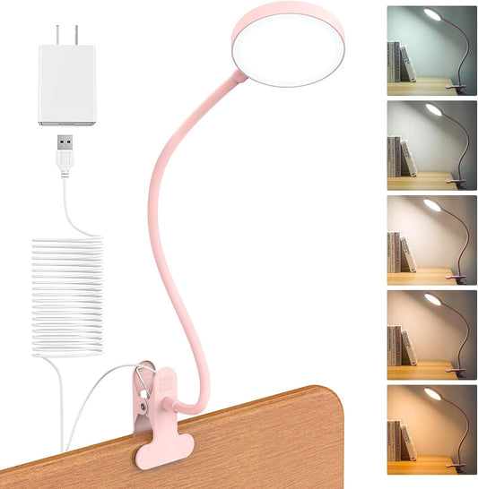 Desk Lamp Clip on Light 8W 66 LED Reading Light for Bed, 5 Colors 10 Dimming Levels, Eye Caring Metal Reading Lamp, Clip lamp for Bed Headboard Home Office (Pink)