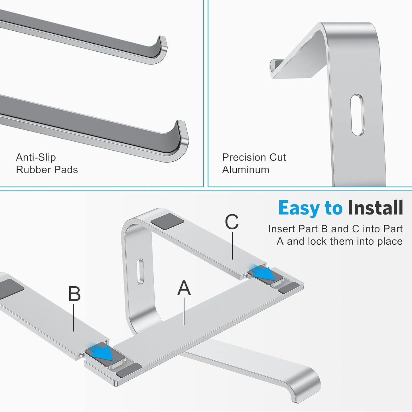 OMOTON Laptop Stand for Desk, Detachable Laptop Riser, Aluminum Laptop Holder, Compatible with MacBook Air/Pro, Dell, HP, and All Laptops (11-16 inch), Silver