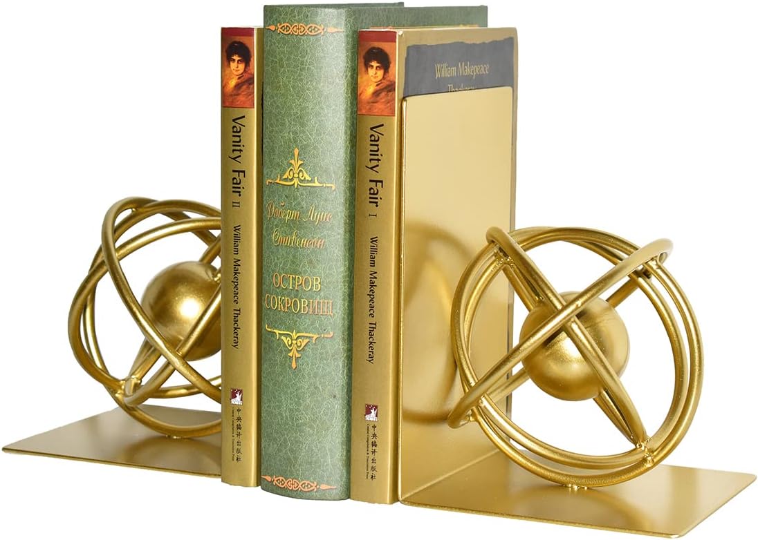 Book Ends Decorative, Modern Metal Unique Gold Bookends for Shelves, Round Design Bookend Book Stopper Holder for Home Office