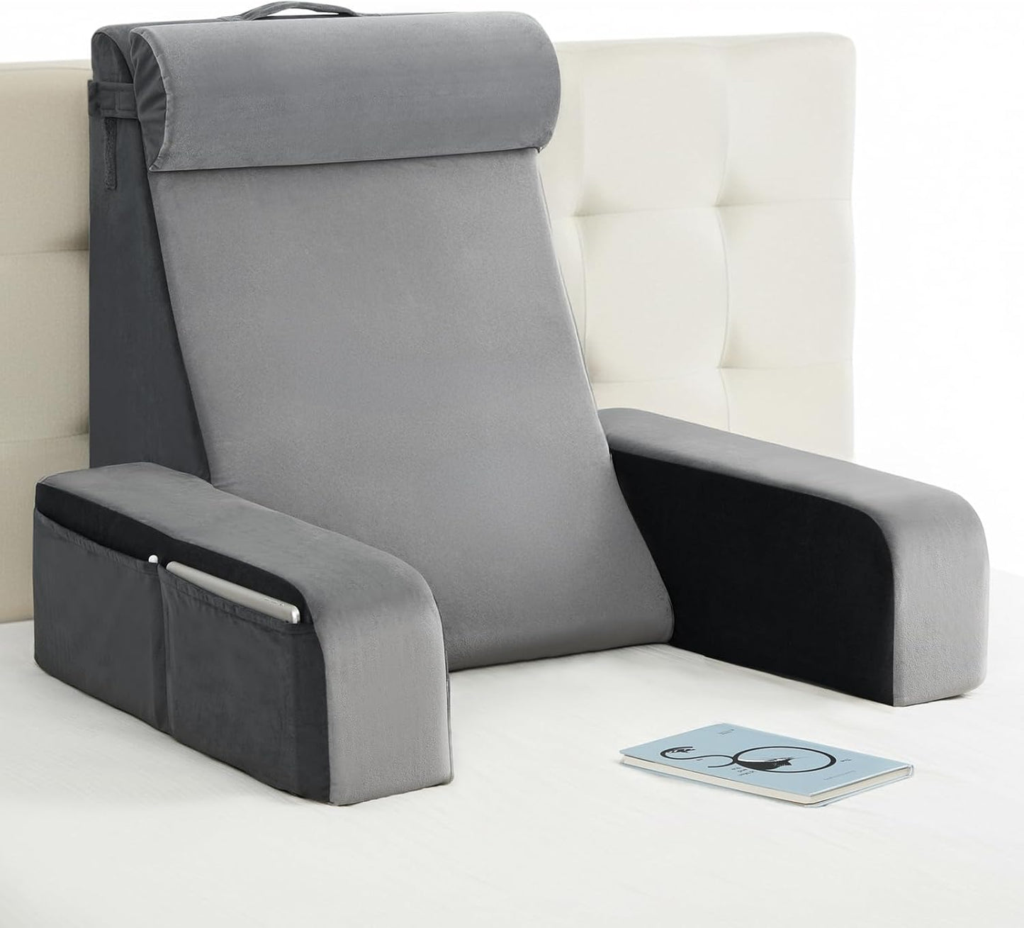 Vekkia 25" Extra-Large Reading Pillow for Tall Adults – 60° Ergonomic Wedge Back Pillow with Built-in Armrests, Adjustable Headrest & Large Pockets – Ideal for Sitting in Bed, Reading, TV, and Gaming
