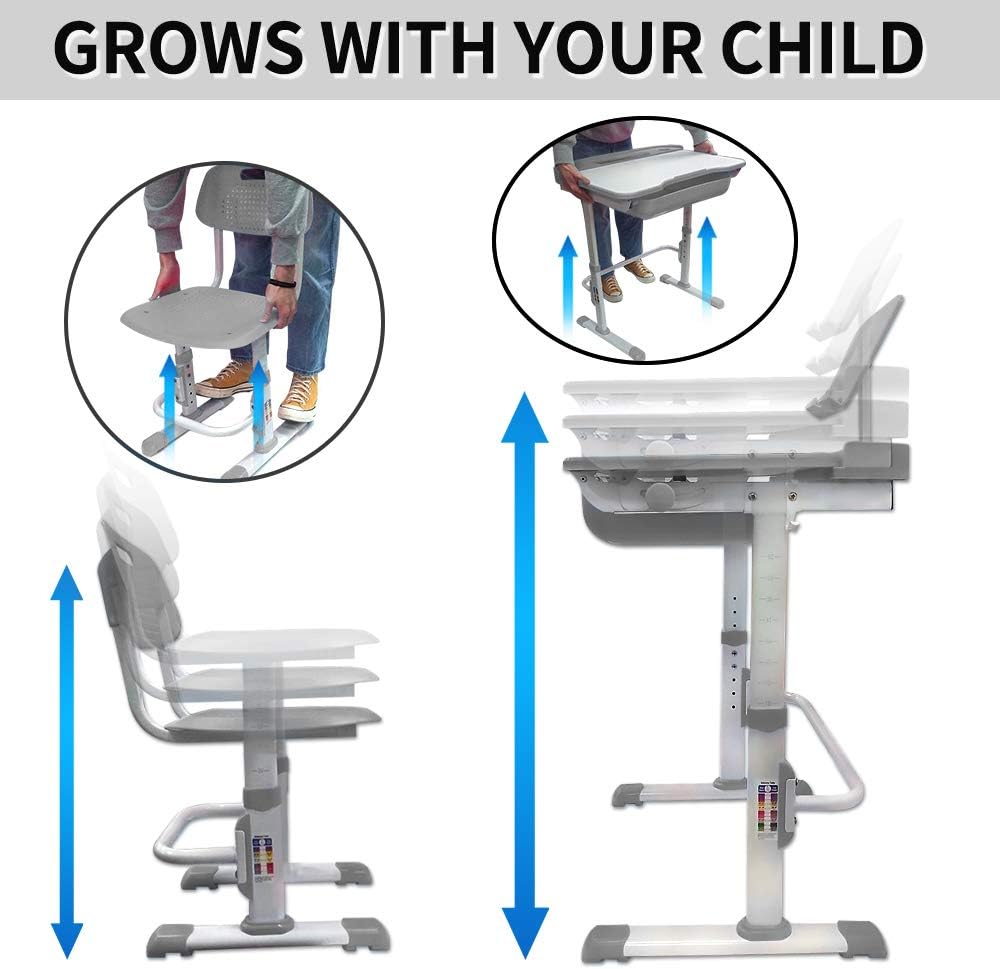 Yinleader Kids Desk and Chair Set,Height Adjustable,Spacious Storage Drawer,with Adjustable Tilted Desktop, Bookstand, Touch Led Lamp for School Student (Gray Set)