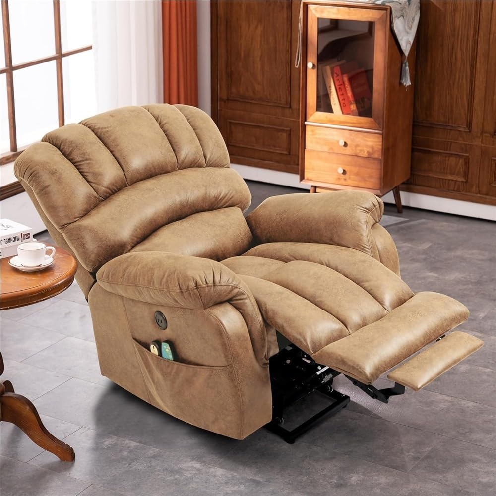 Overstuffed Power Lift Recliner Chair for Tall Elderly, Electric Lift Sofa with Extended Footrest, Heat and Massage, 2 Remotes, USB Ports & Side Pockets
