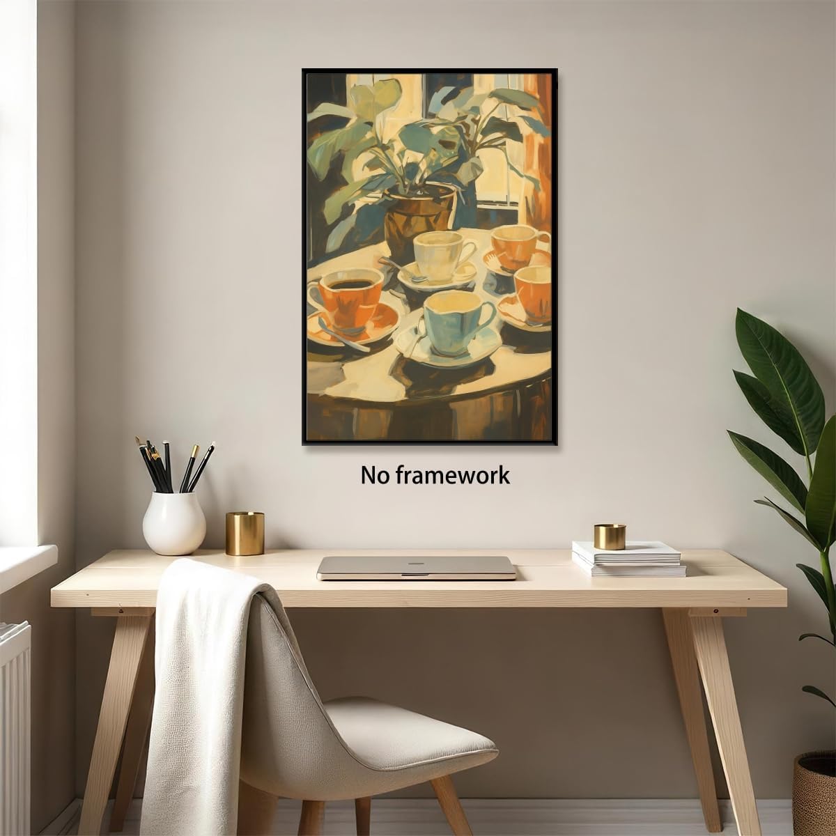 Retro Coffee and Plant Wall Art Vintage Coffee Table Moment Oil Painting Poster with Colorful Cups Prints Cozy Home Decor for Bedroom Kitchen Dining Room Reading Nook 12x18inch Unframed