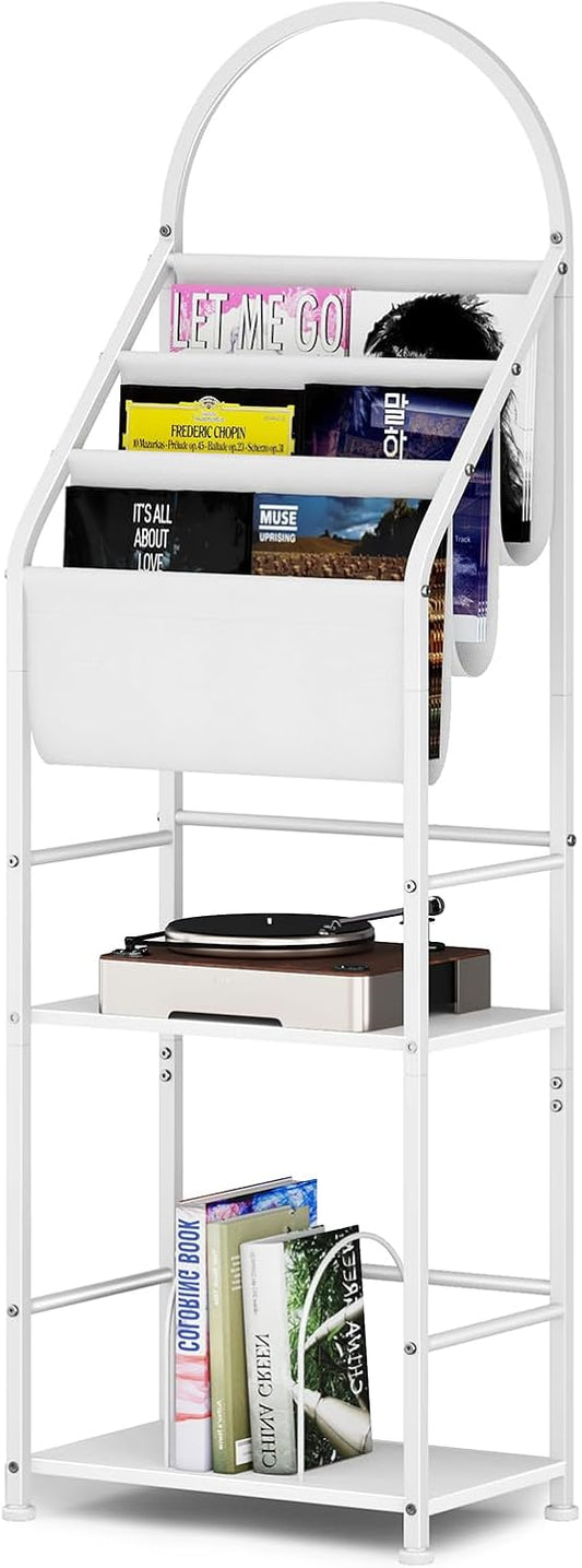 Bookshelf with 3 Tier Vinyl Holder Display Shelf, Record Storage Organizer Rack Cabinet for Book Magazine, Tall Industrial Open Book Shelves with Metal Frame for Living Room (White)