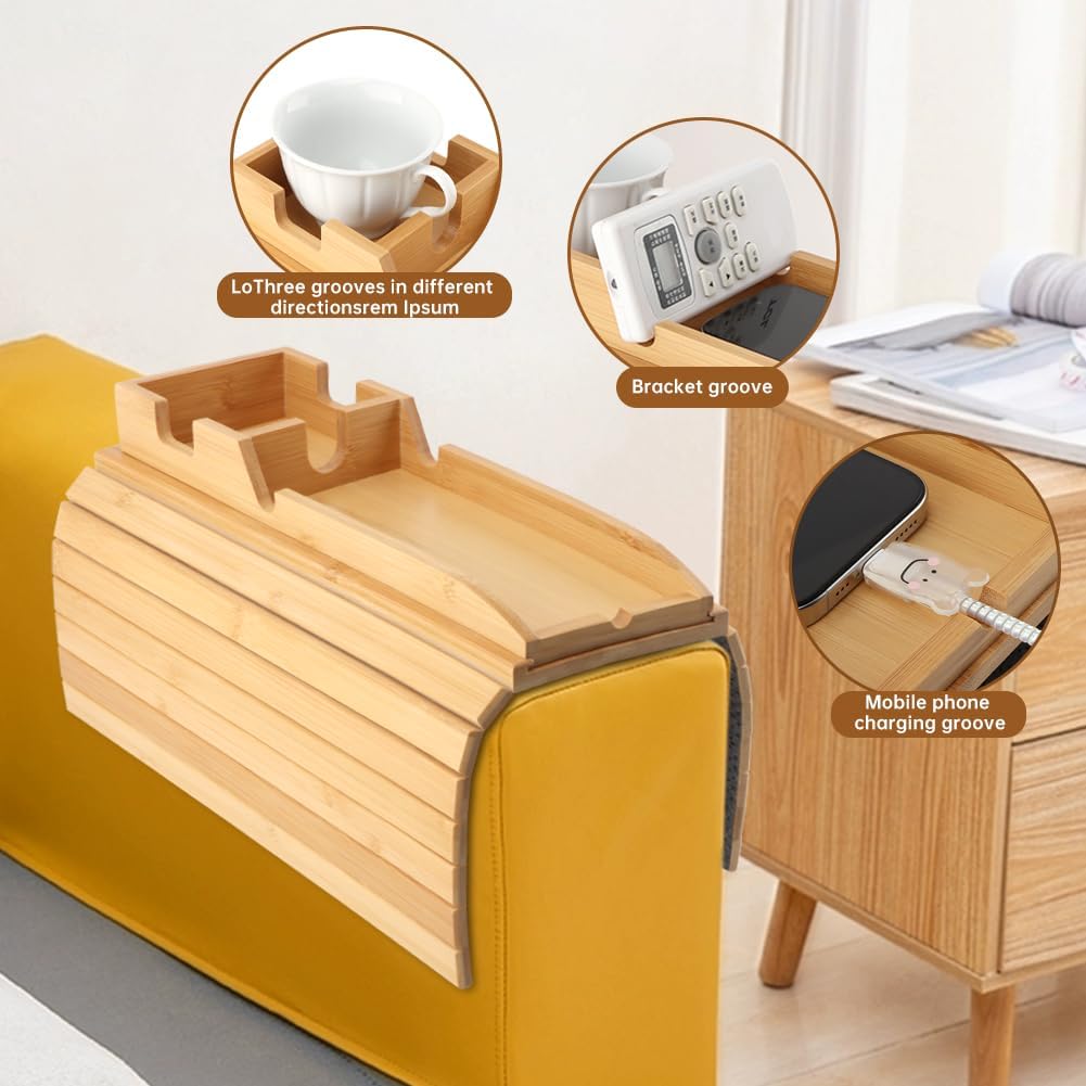 Bamboo Couch Armrest Table, Anti Falling Sofa Arm Tray with Removable Couch Cup Holder for Drink & Snack, Foldable Tray with Coasters for Couch, Recliner, or Loveseat