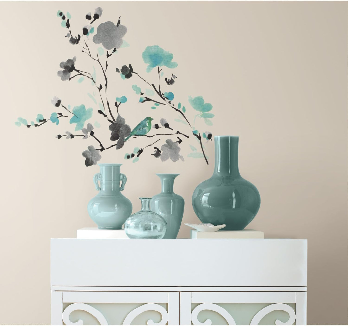 RoomMates RMK2687SCS Blossom Watercolor Bird Branch Peel and Stick Wall Decals, Multi Color
