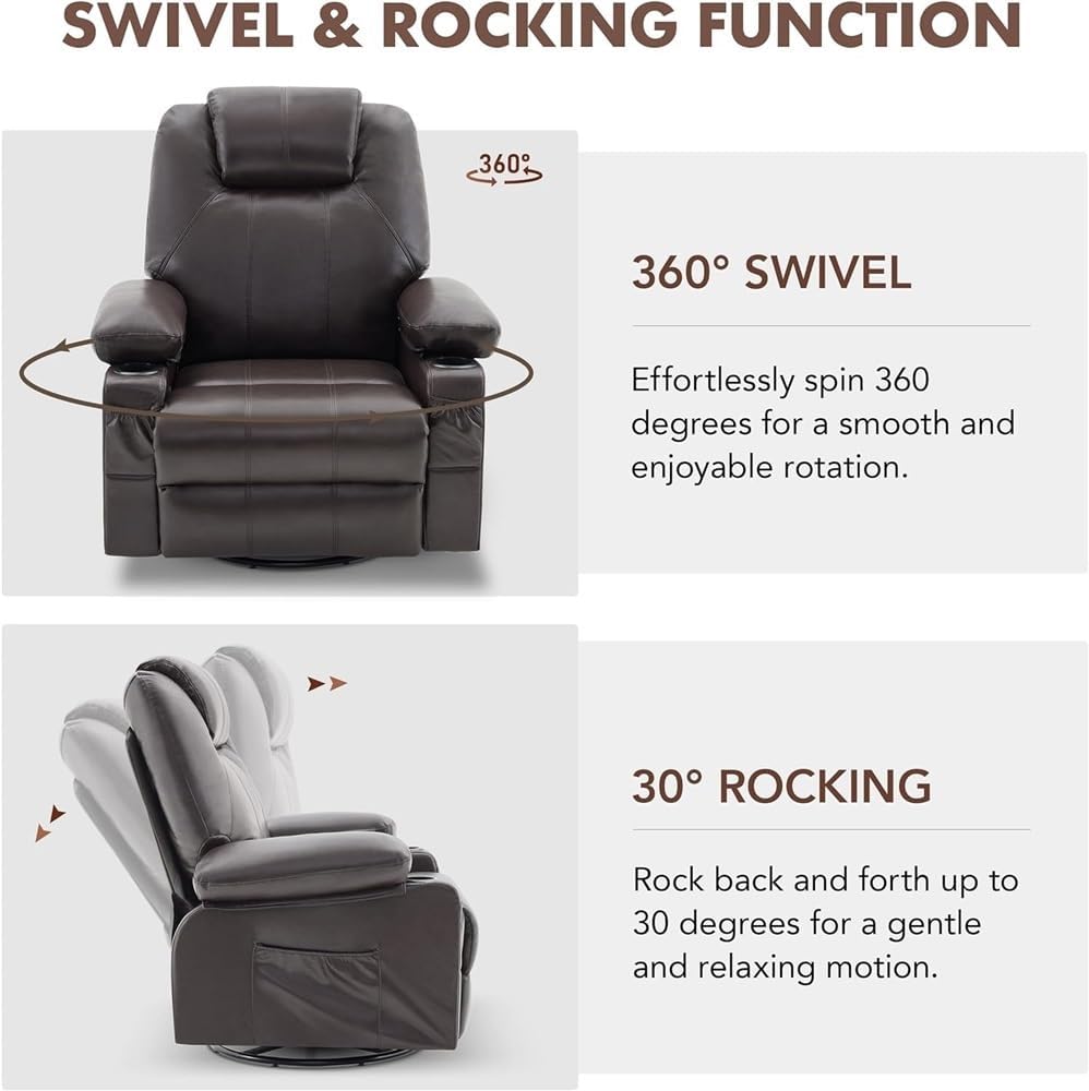 Power Swivel Rocker Recliner Chair with Heat and Massage, Electric Leather Single Sofa with 2 Cup Holders and USB Ports, Swivel Reclining Seating for Living Room