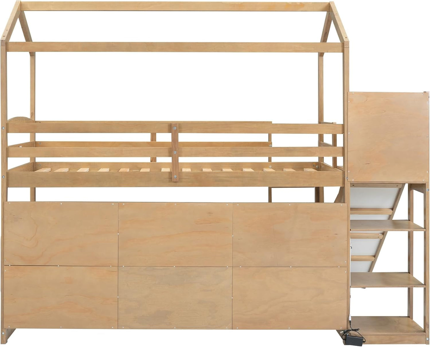 Modern Style 96.1" L Twin Size Wood Frame Loft House-Shape Bed,with Slide, Storage Shelves and Light, Climbing Ramp, Wood Color,1pcs