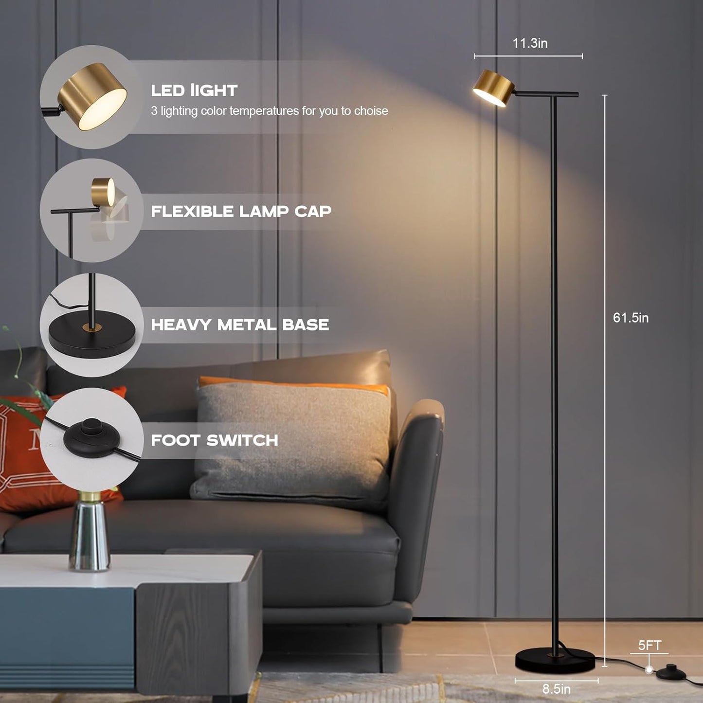 Floor Lamps for Living Room, 3 Color Temperatures Floor Reading Lamp with Flexible Head,Modern Tall Floor Lamp for Bedroom,Standing Lamp for Office Working,Black