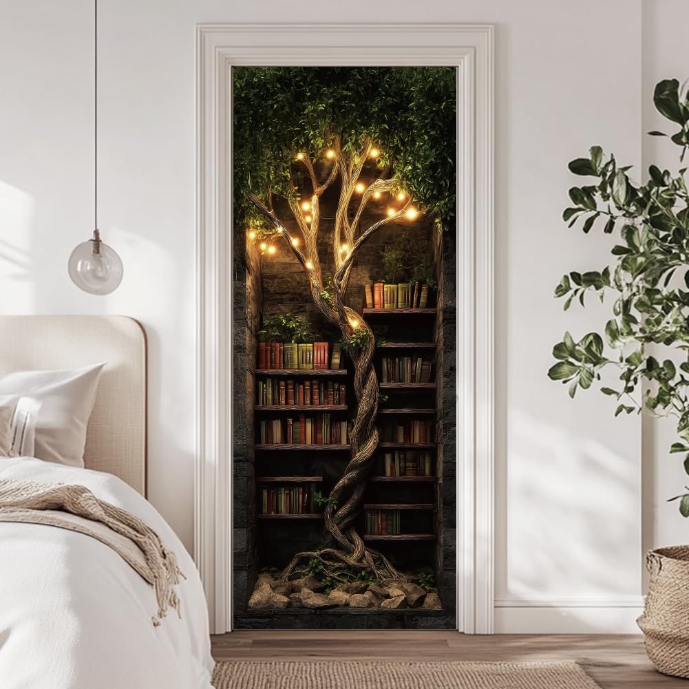 arricraft 2 Pcs Self-Adhesive Door Sticker, 31.5"x78.7" Fantasy Tree-Shaped Bookshelf Retro Bookshelf Light Tree Murals Stickers PVC Removable Wallpaper Decoration for Bedrooms Living Room