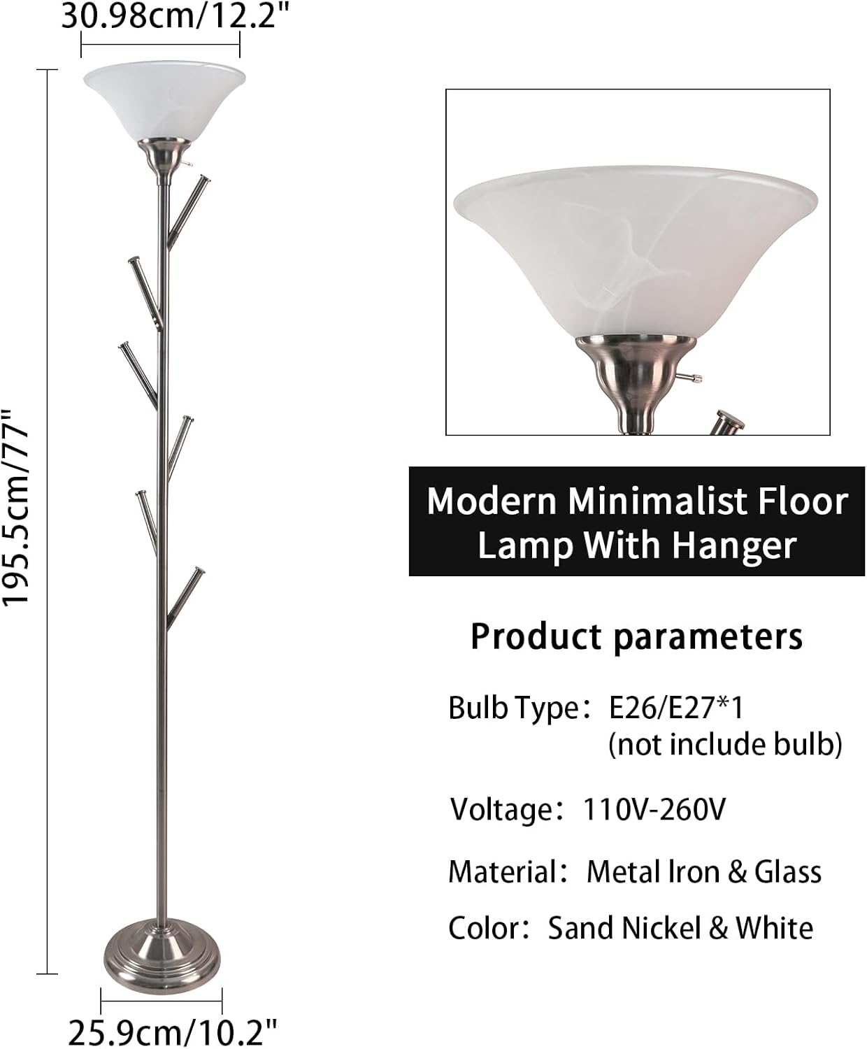 Tall Floor Lamp for Living Room, Torchiere Floor Lamps with 6 Hooks Clothes Rack, Coat Tree of Standing Lamp for Bedroom Office Corner