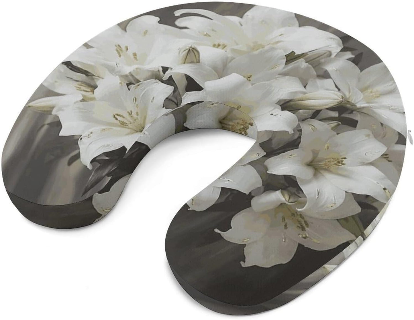 White Lily Bouquet Neck Pillow Memory Foam U Shaped Pillows Portable Pillows for Shoulder Travel Head Support Pillow with Concealed Zipper for Airplane Car Home Office