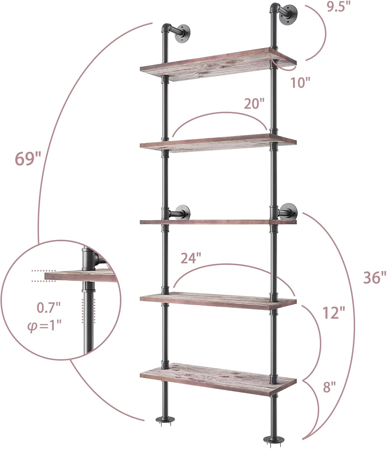 Yuanshikj 5 Tier Industrial Pipe Solid Wood Ladder Shelf/Shevles/Shelving Bookshelf/Bookcase Metal Iron Planks Rustic Wall Mounted for Living Room Decor Storage (5 Tier with 24" Solid Wood)