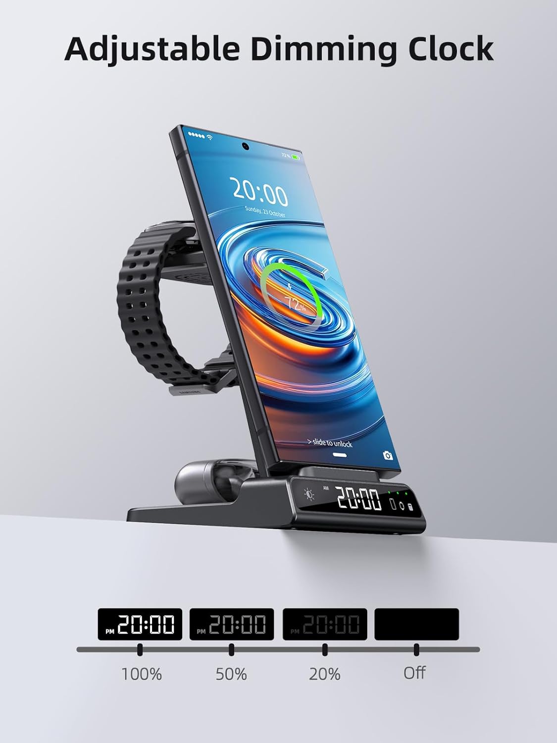 Wireless Charger Samsung Charging Station: 3 in 1 Android Charging Stand with Dimmable Clock - Nightstand Organizer for Galaxy S25 Ultra S24, Galaxy Watch 8 7 6 5 4, Galaxy Buds, Space-Saving Charger