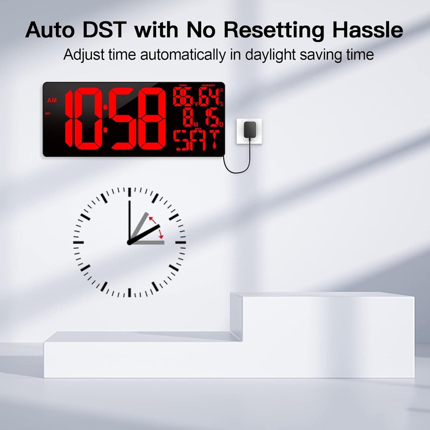 [2024 New] 18" Digital Wall Clock Large Display/Bluetooth Sync Time, Large Wall Clock with Remote Control, Auto DST, Alarm, Temperature and Date - Easy to Read and Set Timer