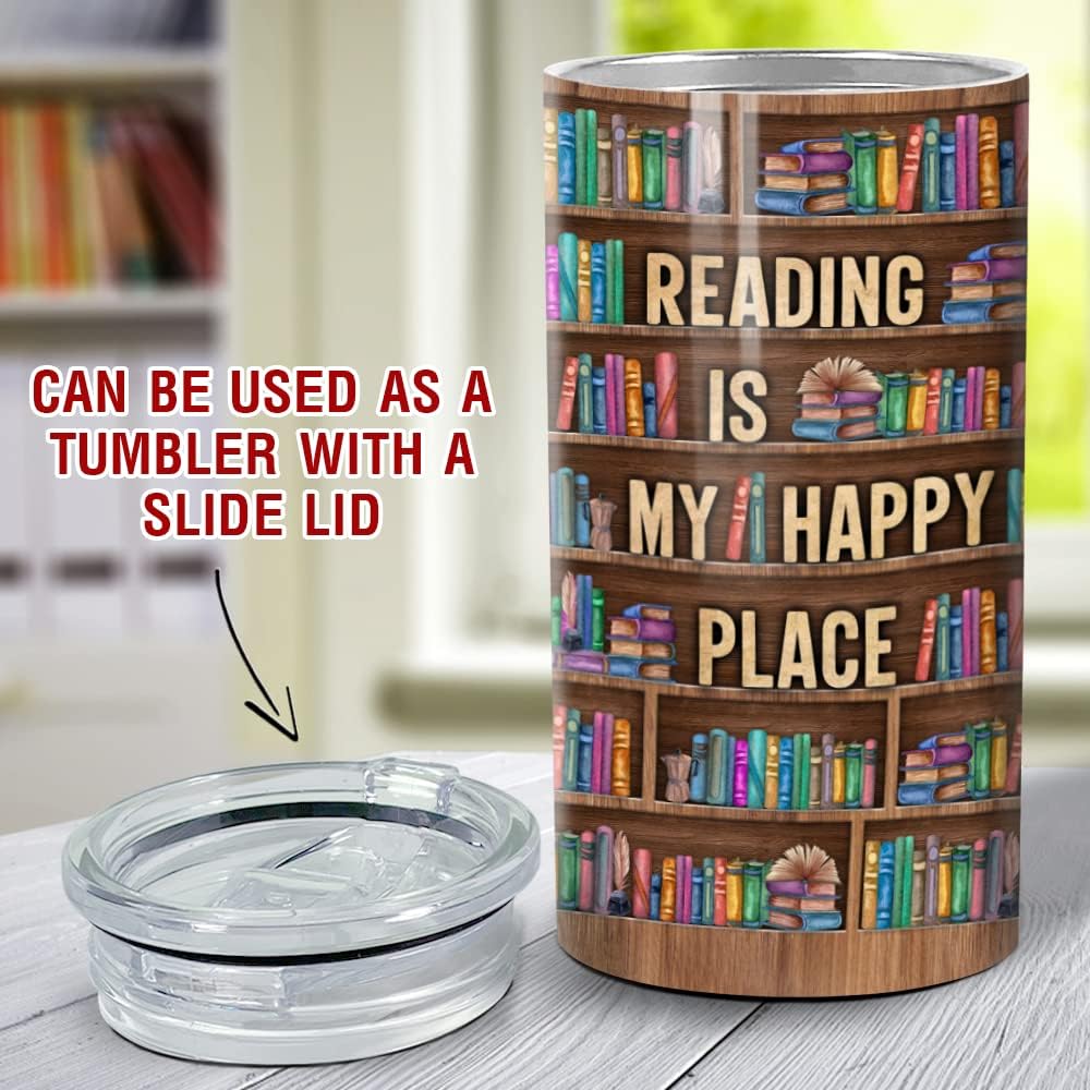 SANDJEST Book Lovers Tumbler Bookshelf 4 in 1 12oz Tumbler Can Cooler Coozie Skinny Stainless Steel Tumbler Gift for Librarian Book Lover Women Readers Bookworm Christmas Holiday Birthday