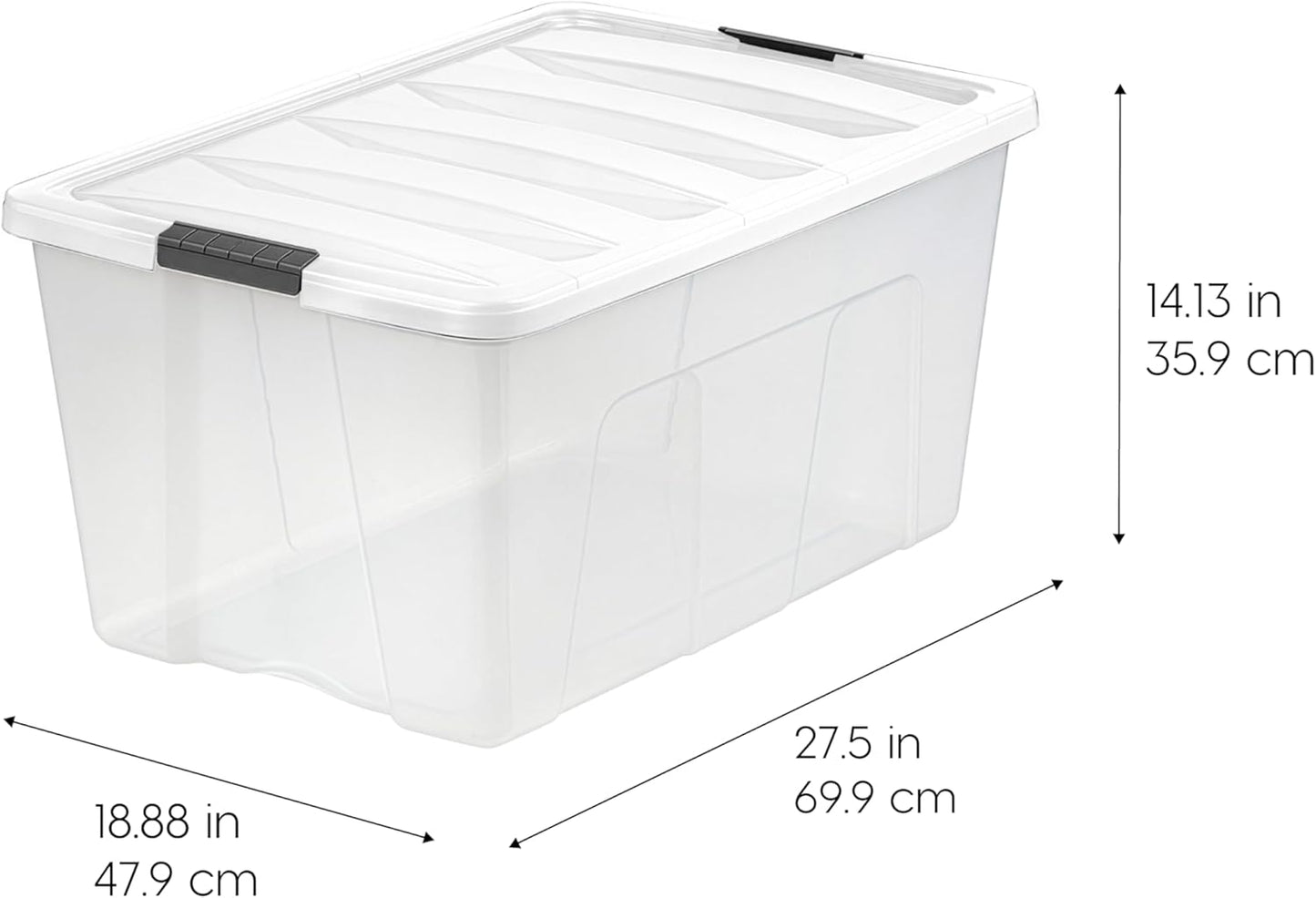 IRIS USA 94 Qt Stackable Plastic Storage Bins with Lids, 4 Pack - BPA-Free, Made in USA - See-Through Organizing Solution, Latches, Durable Nestable Containers, Secure Pull Handle - Clear/White