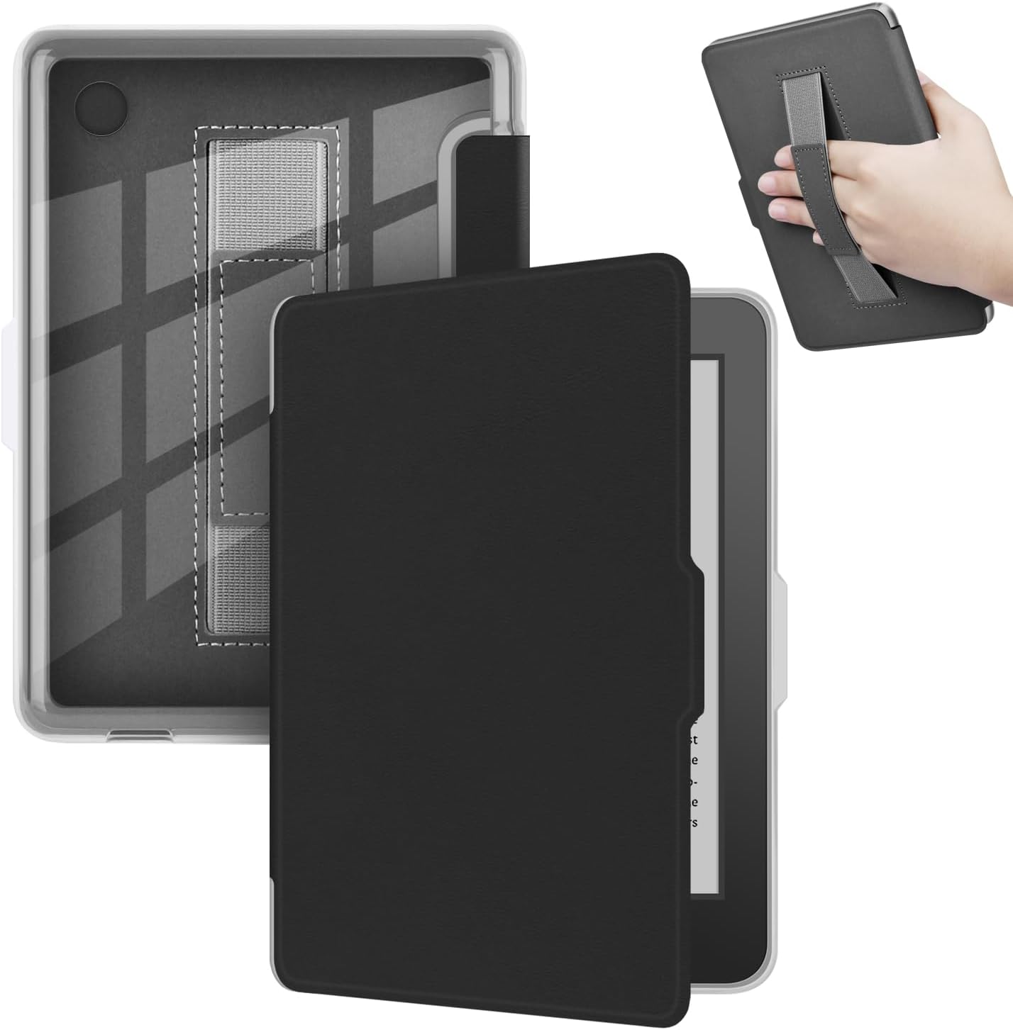 Case for 6" Kobo Clara BW 2024 Released, Ultra Clear Soft Light Transparent TPU Back Cover with Hand Strap, Auto Wake/Sleep (Black)