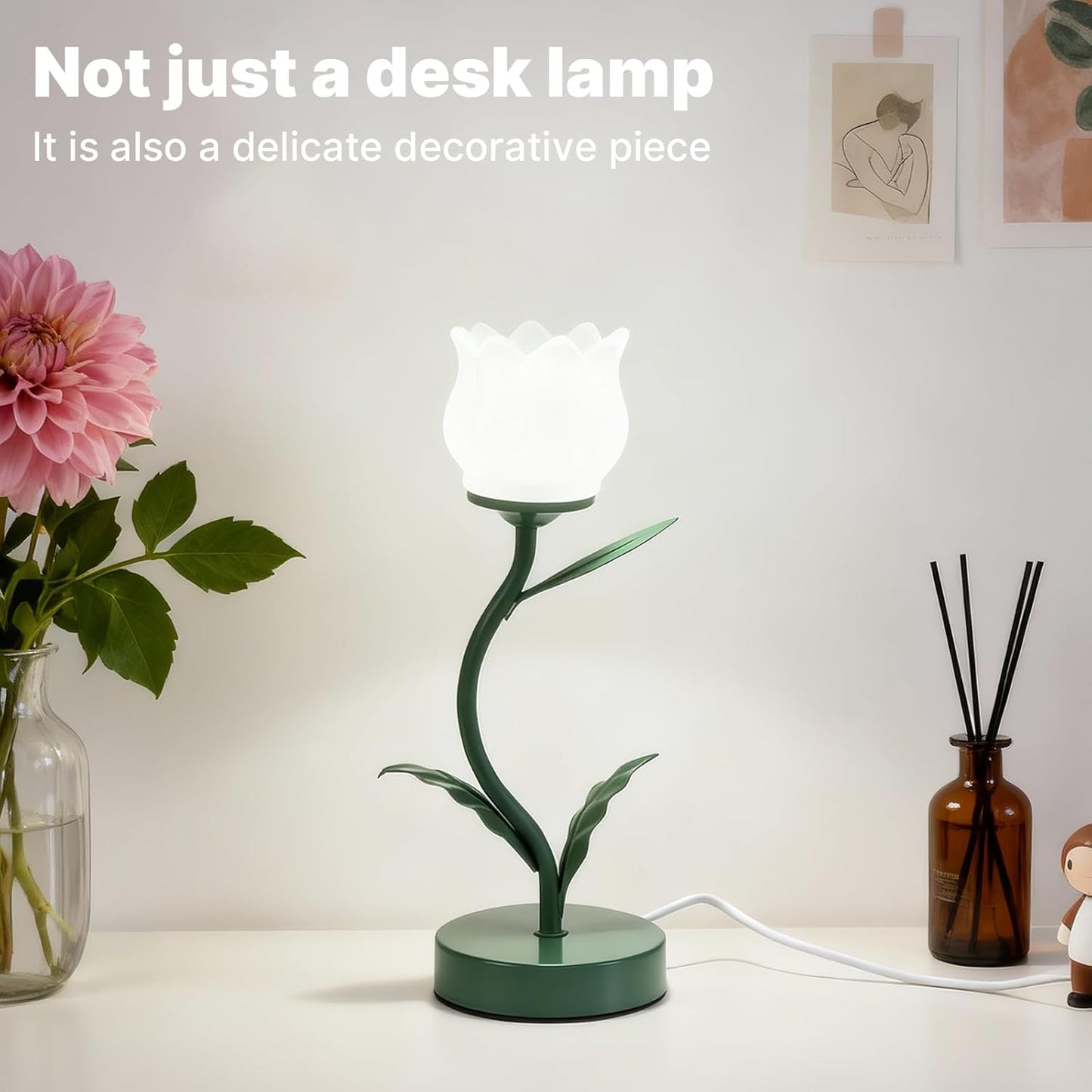 Flower-shaped table lamp, LED eye-protecting reading bedside retro night light, 3 color modes of cute bedside lamp decoration, living room and bedroom lighting table lamp home decoration (dark green)