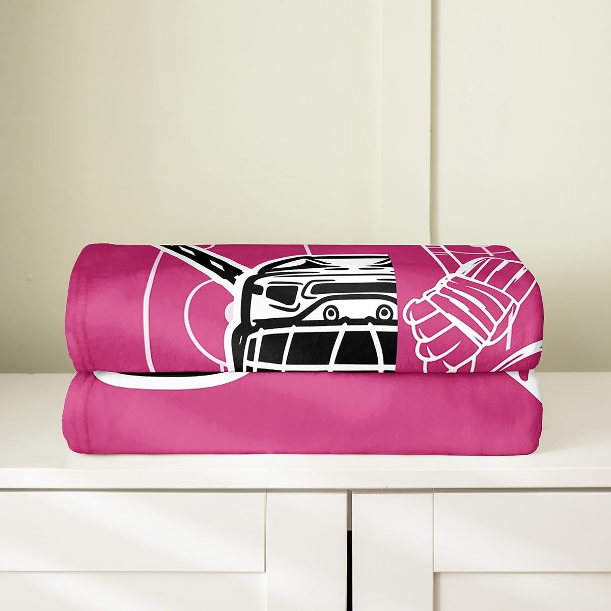 Feelyou Kids Ice Hockey Fleece Throw Blanket Throw 50"x60" Eat Sleep Hockey Fuzzy Blanket for Sofa Couch Winter Sports Hobby Pink All Season Bed Blanket Women Men Fuzzy Blanket