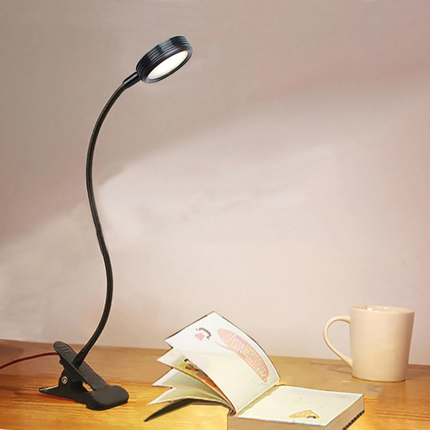 USB Clip-On Desk Lamp with 3 Color Modes, Adjustable Brightness, Flexible Gooseneck, 1 Minute Timer, Book Light for Kids Reading Book in Bed at Night Clip on Table, headboard, Dorm, Black
