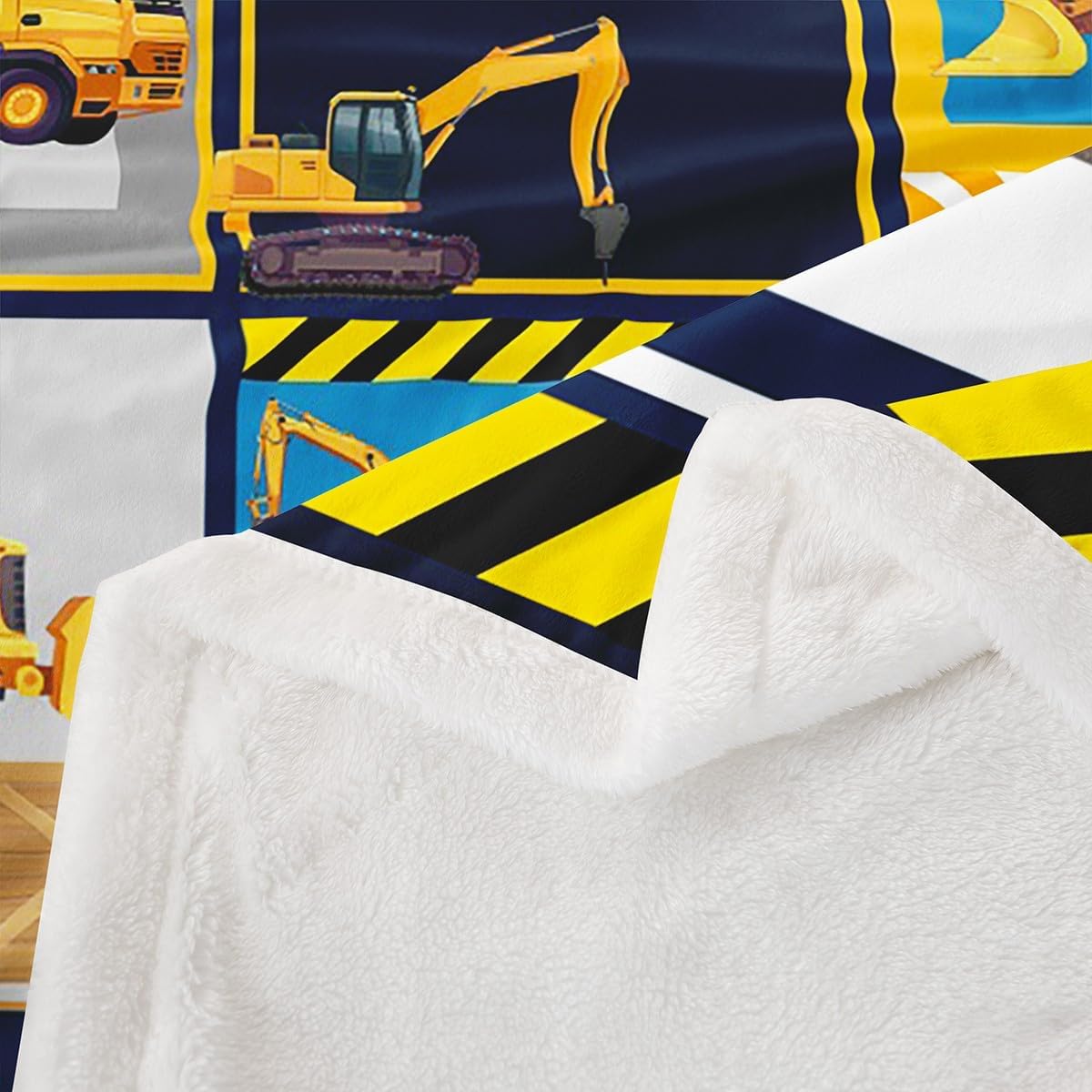 Excavator Throw Blanket for Boys Child, Equipment Truck Tractor Blanket, Cartoon Crane Cement Mixer Bulldozer Fleece Blanket 40"x50", Geometric Patchwork Bed Blanket Big Wheel Car Kids Car Room Decor