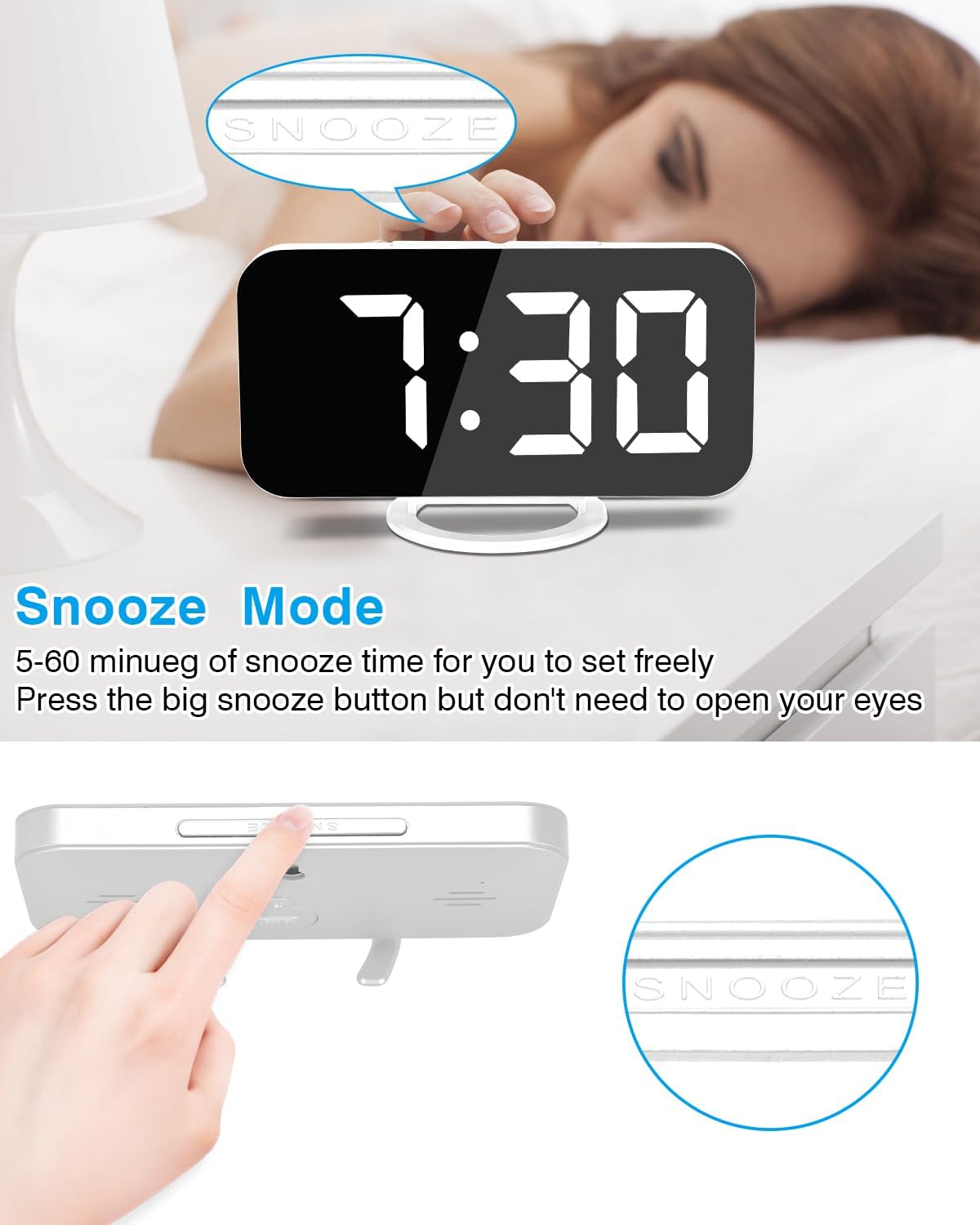 Poeroa Digital Alarm Clock,7" LED Mirror Electronic Clocks,with 2 USB Charging Ports,Snooze Mode,Auto Adjust Brightness,Modern Desk Wall Clocks for Bedrooms Living Room Office - White