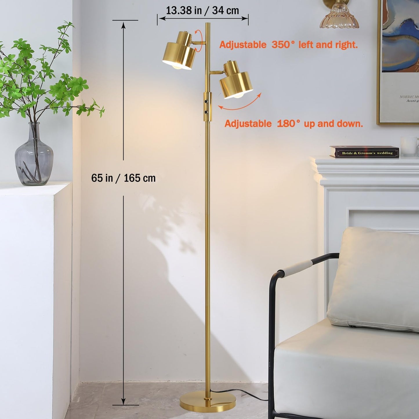 Dimming Floor Lamp with 2 Adjustable Head,Tall Modern Industrial Vintage Standing Lamps for Living Room, Bedroom, Office,Study,Gold Corner Light for Reading