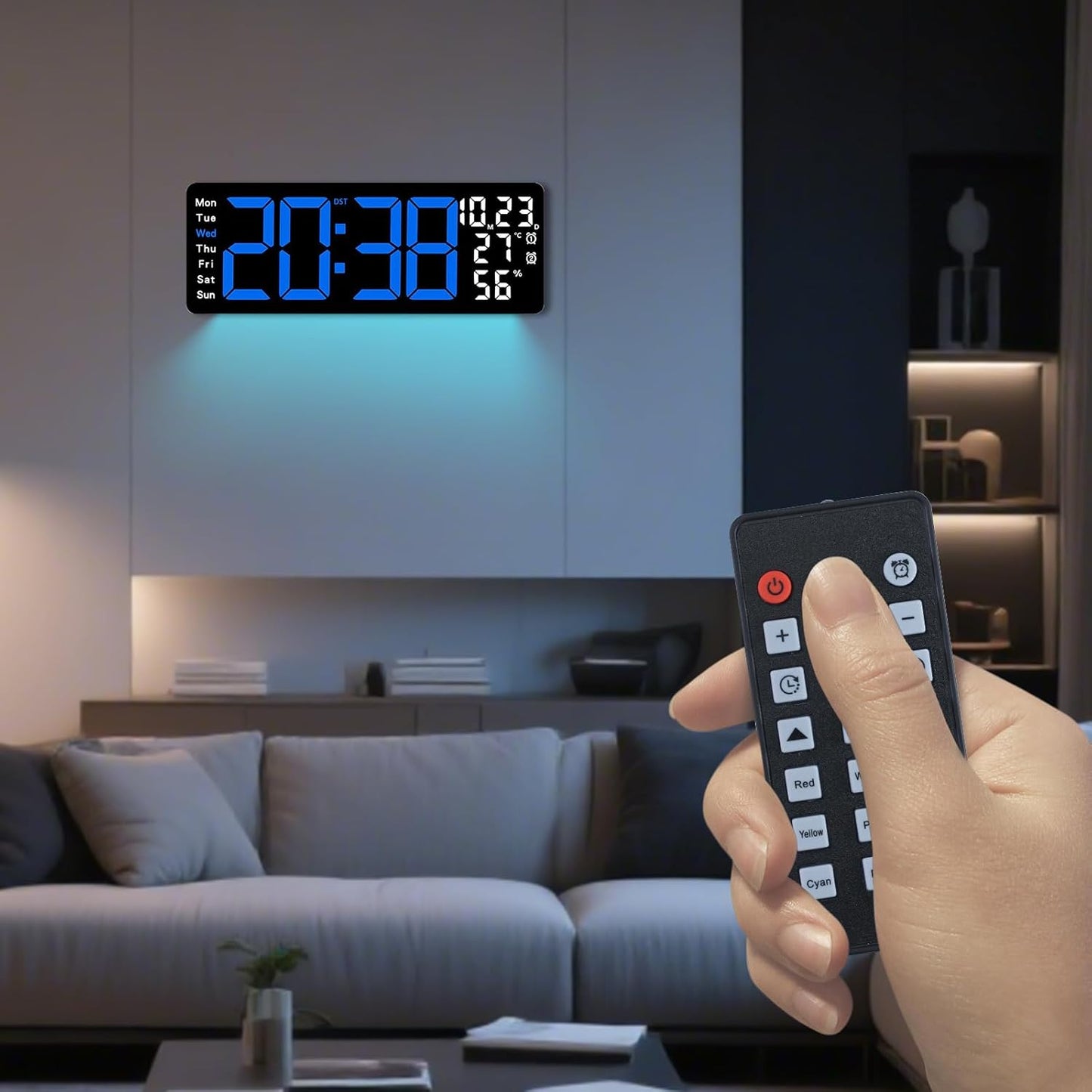 Digital Wall Clock Large Display, 17.3" Digital Clock with RGB Color Remote Control, Auto-Dimming Big Wall Clock with Night Light,Auto DST,Date Week,Temp for Home Decoration, for Elderly (Blue)