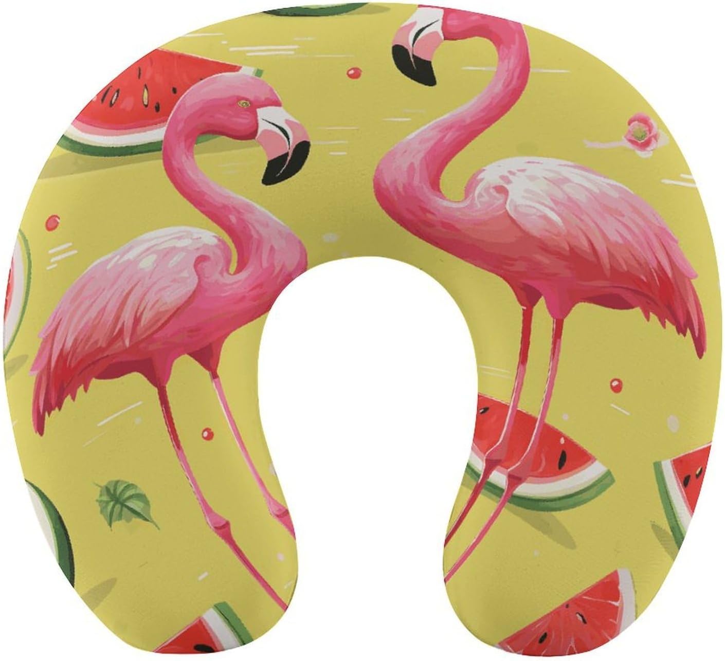 Pink Flamingo and Watermelon Neck Pillow Memory Foam U Shaped Pillows Portable Pillows for Shoulder Travel Head Support Pillow with Concealed Zipper for Airplane Car Home Office
