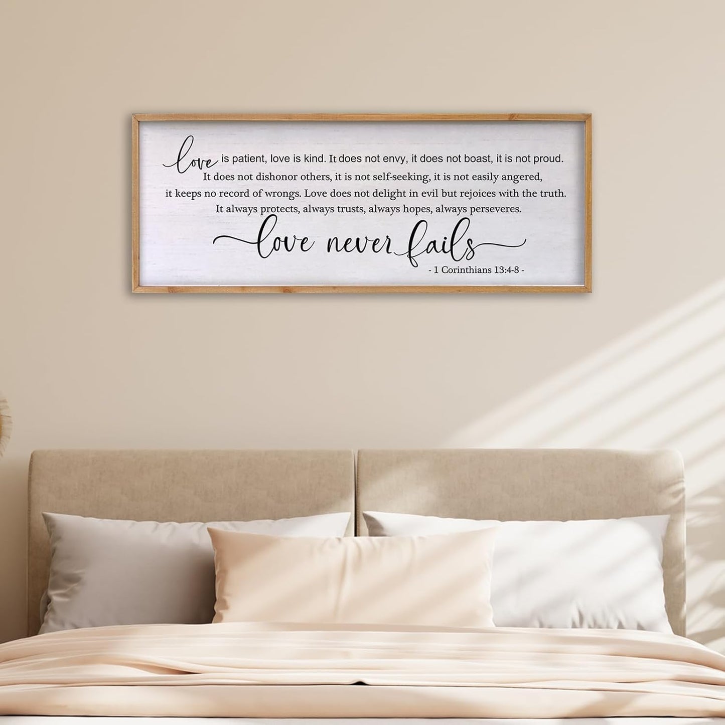Love Is Patient Love Is Kind Wall Art – 32x12 Inch Framed Inspirational Scripture Sign, Wooden Christian Home Decor with 1 Corinthians 13 Message for Living Room, Bedroom, Wedding Gift