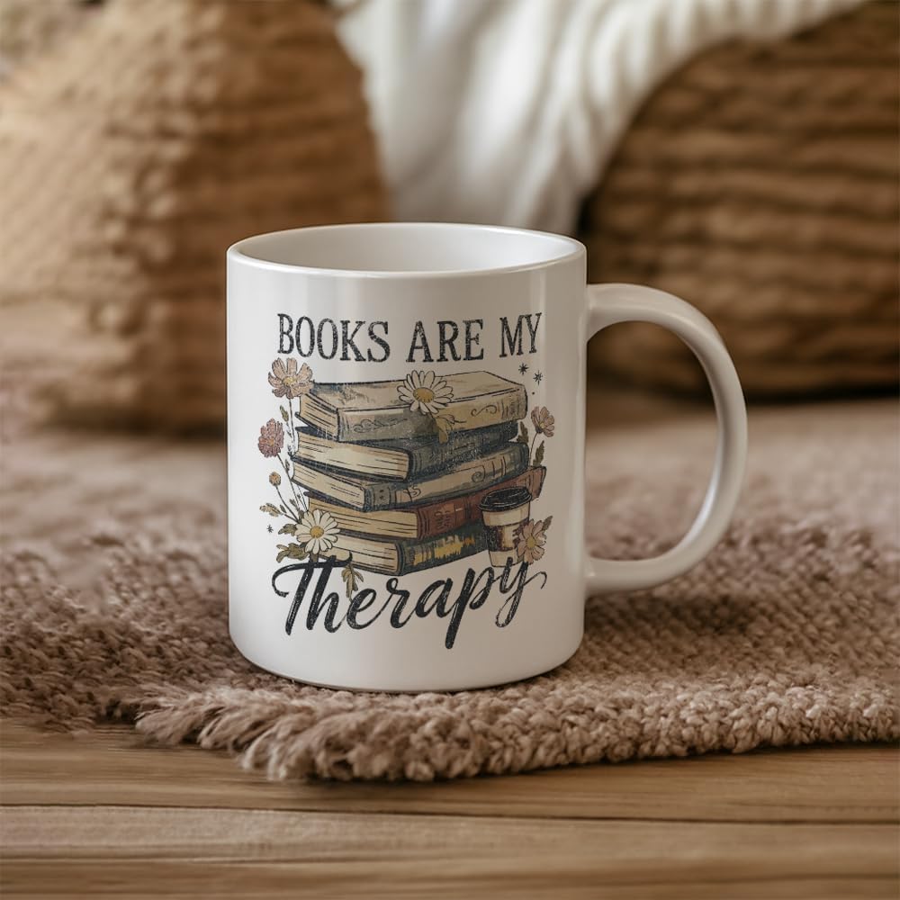 Funny Book Mug Gift for Book Lovers Readers, Books Are My Therapy Novelty Books Gift for Librarian Bookish Bookworm Women 11oz