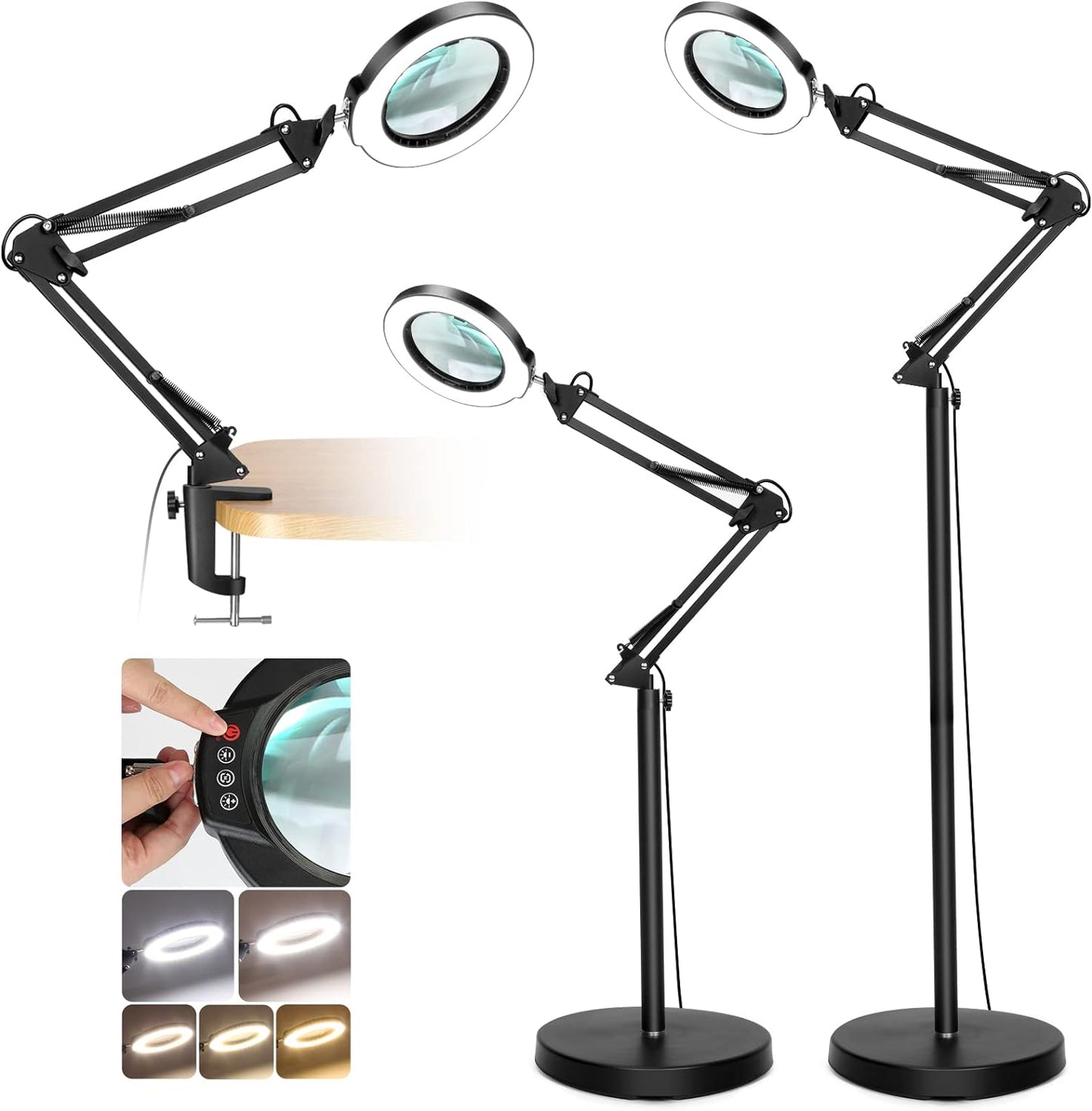 Real Glass Magnifying Glass with Light and Stand, LED 5 Color Modes, Stepless Dimmable Magnifying Floor Lamp, 3-in-1 Adjustable Swing Arm Lighted Magnifier Lamp with Clamp for Reading, Craft, Esthetic