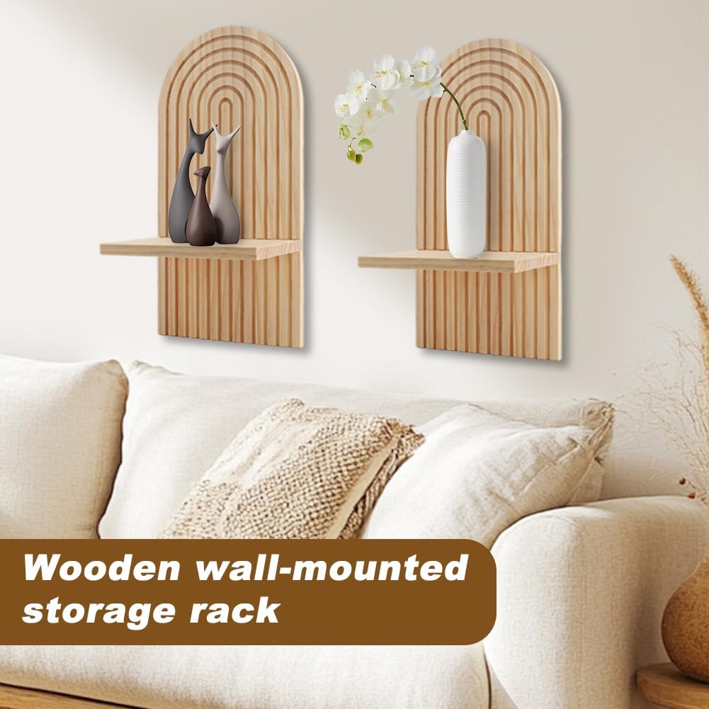 2Set Wooden Arched Wall Shelf,Boho Arched Floating Shelves Wooden Vintage Boho Wall Shelf,Book Display Rainbow Shelves for Home Bedroom Living Room Nursery Office (Brown,Size:35 * 1 * 18cm)