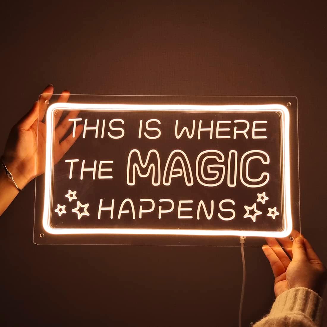 Britrio This Is Where The Magic Happens Neon Sign Light Bedroom Dorm Office Wall Decor Light Up Word Neon Sign Home Bar Club Cafe Shop Salon Man Cave Window Wedding Birthday Party Gift 5V USB Warm White