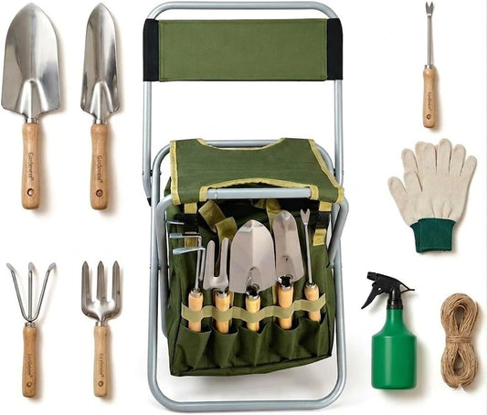10-piece Gardening Tool Set with Zippered Detachable Tote and Folding Stool Seat with Backrest