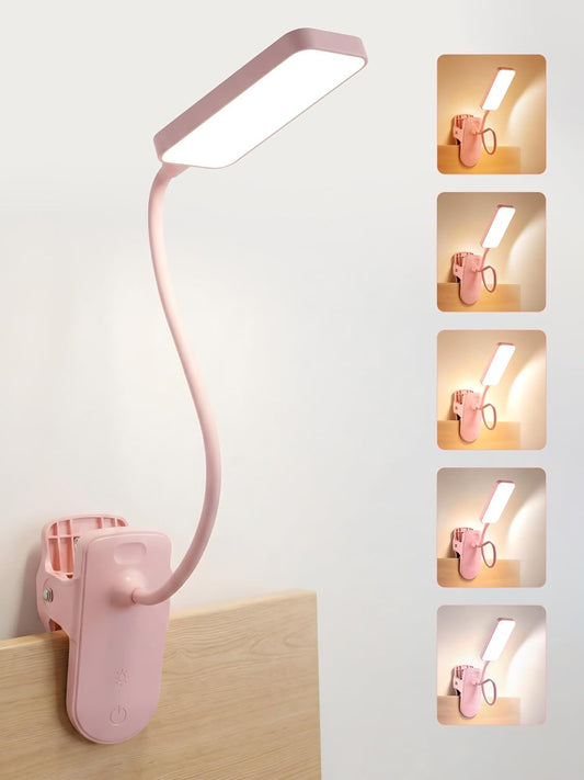 Pink Desk Lamp with Clamp Light,9 Brightness+5 Color Clip on Light,4000mAh Battery Rechargeable Desk Lamp Cute,48 LED Desk Light,Cordless Small Clip on Reading Light for Bed/Headboard/Bedside Table