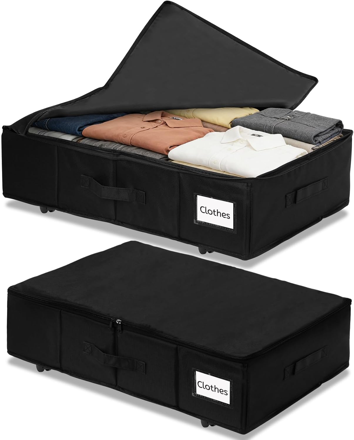 2Pack Under Bed Storage with Wheels, Under Bed Storage Containers with Label, Rolling Beneath the Bed Organizer Bins Drawer with Handles, Space Saving Design Basket for Clothes,Shoes,Books
