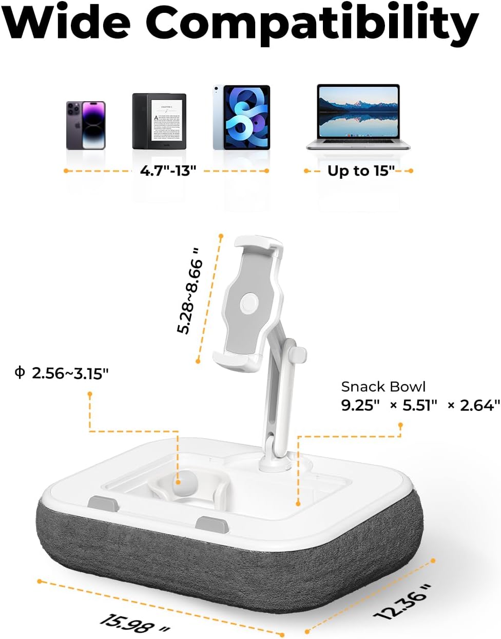 Kindle Pillow Stand with Lap Desk, Adjustable iPad Holder for Bed, 360° Swivel Tablet Arm, Laptop Desk with Mouse Pad, Snack Bowl & Cup Holder, Fits 4.7–13” Tablets & 15” Laptop