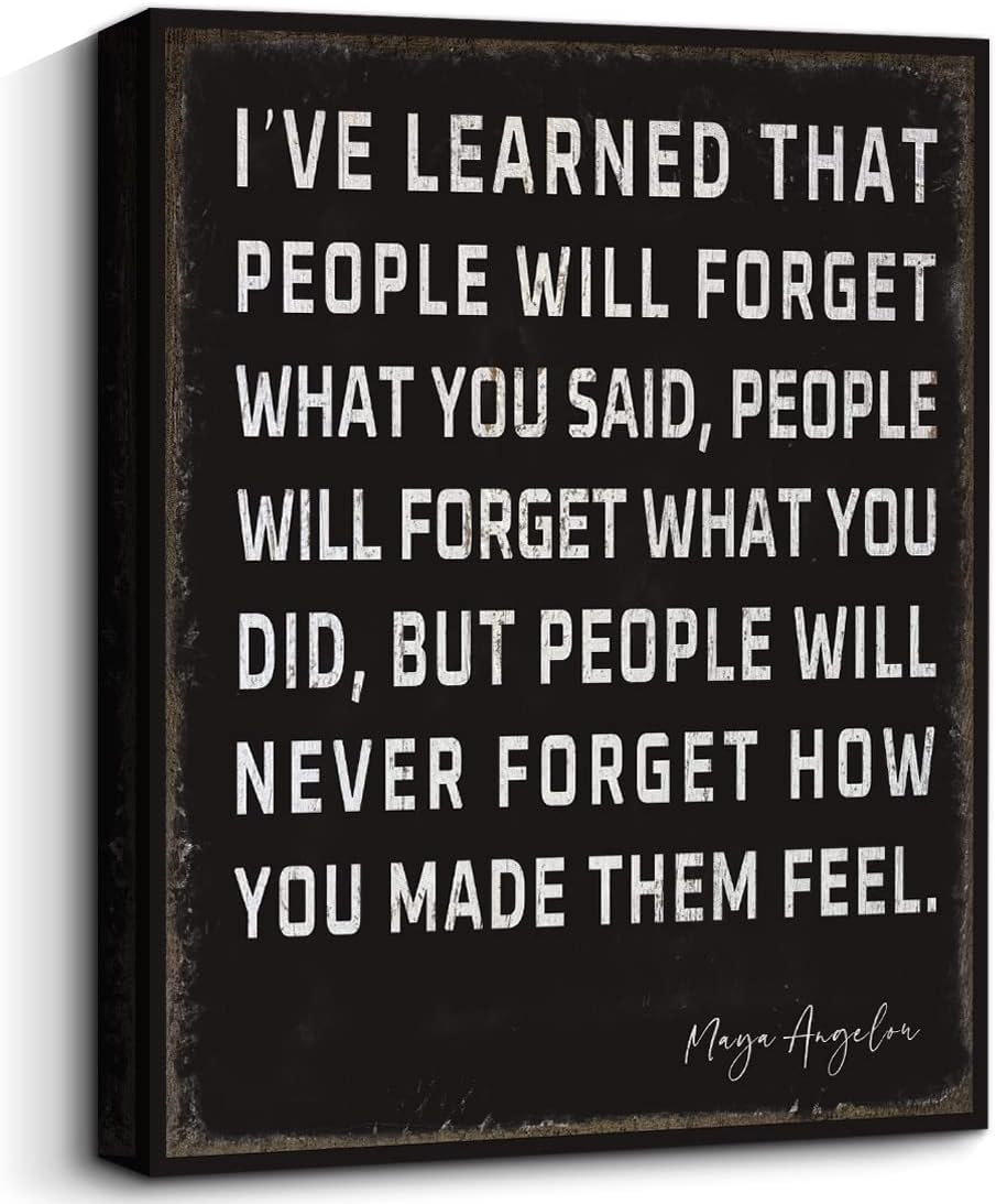WOWGOOMO Retro Inspirational Canvas Wall Art Maya Angelou Quotes I've Learned That People Will Never Forget How You Made Them Feel Motivational Positive Painting Wall Decor for Home Office Framed Gift